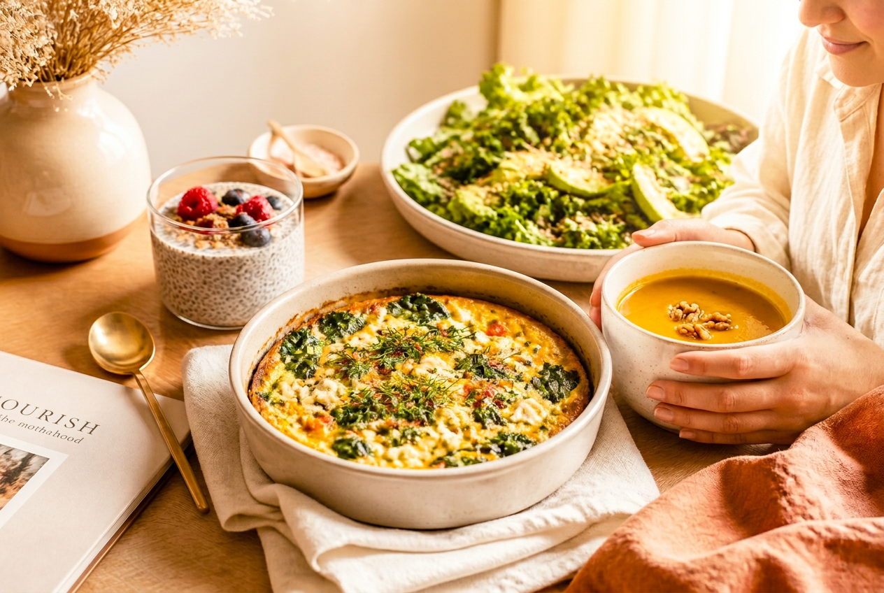 Chef-prepared maternal meals on a warm table